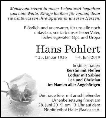 Traueranzeige von Hans Pohlert von Mitteldeutsche Zeitung Halle/Saalkreis