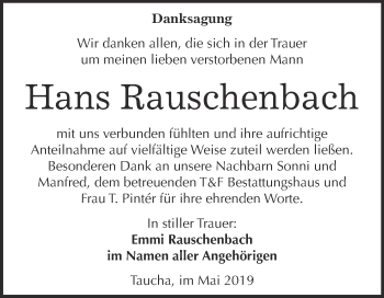 Traueranzeige von Hans Rauschenbach von WVG - Wochenspiegel NMB / WSF / ZTZ