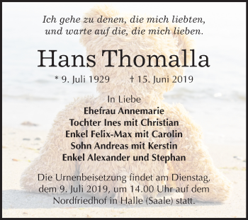 Traueranzeige von Hans Thomalla von Mitteldeutsche Zeitung Halle/Saalkreis