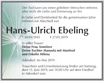 Traueranzeige von Hans-Ulrich Ebeling von Super Sonntag SGH Mansf. Land