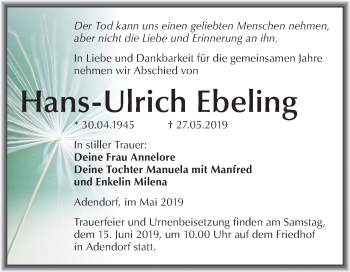 Traueranzeige von Hans-Ulrich Ebeling von Mitteldeutsche Zeitung Mansfelder Land