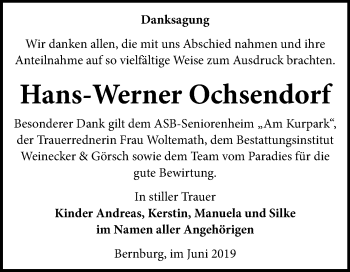 Traueranzeige von Hans-Werner Ochsendorf von Mitteldeutsche Zeitung Bernburg