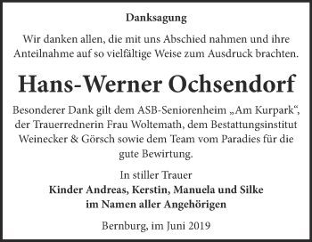 Traueranzeige von Hans-Werner Ochsendorf von Super Sonntag Bernburg