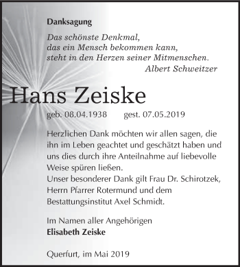 Traueranzeige von Hans Zeiske von WVG - Wochenspiegel Merseburg
