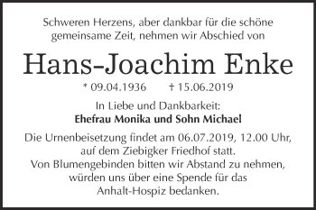 Traueranzeige von Hans Joachim Enke von WVG - Wochenspiegel Dessau / Köthen