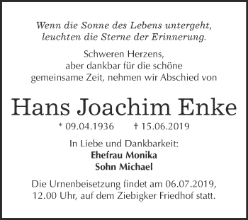 Traueranzeige von Hans Joachim Enke von WVG - Wochenspiegel Dessau / Köthen