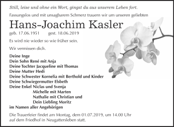 Traueranzeige von Hans Joachim Kasler von Super Sonntag Bernburg