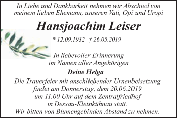 Traueranzeige von Hansjoachim Leiser von WVG - Wochenspiegel Dessau / Köthen