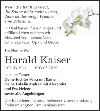 Traueranzeige von Harald Kaiser von WVG - Wochenspiegel Wittenberg