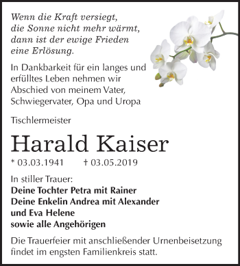 Traueranzeige von Harald Kaiser von Mitteldeutsche Zeitung
