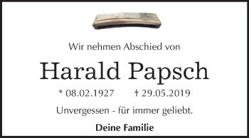 Traueranzeige von Harald Papsch von Mitteldeutsche Zeitung Dessau-Roßlau