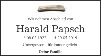 Traueranzeige von Harald Papsch von WVG - Wochenspiegel Dessau / Köthen