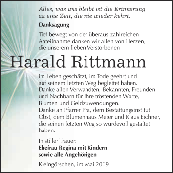 Traueranzeige von Harald Rittmann von Super Sonntag Merseburg