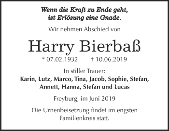 Traueranzeige von Harry Bierbaß von WVG - Wochenspiegel NMB / WSF / ZTZ