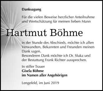 Traueranzeige von Hartmut Böhme von Mitteldeutsche Zeitung Sangerhausen