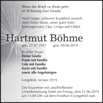 Traueranzeige von Hartmut Böhme von Super Sonntag SGH Mansf. Land