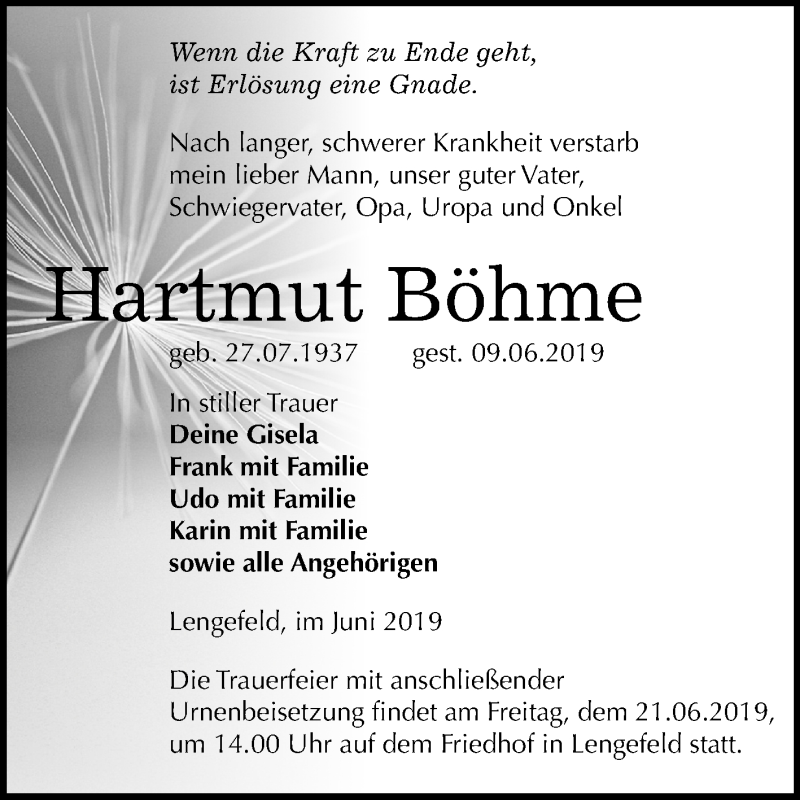  Traueranzeige für Hartmut Böhme vom 15.06.2019 aus Mitteldeutsche Zeitung