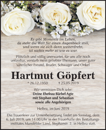 Traueranzeige von Hartmut Göpfert von Mitteldeutsche Zeitung