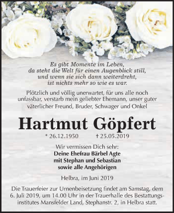 Traueranzeige von Hartmut Göpfert von Super Sonntag SGH Mansf. Land