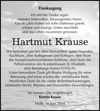 Traueranzeige von Hartmut Krause von Mitteldeutsche Zeitung Halle/Saalkreis