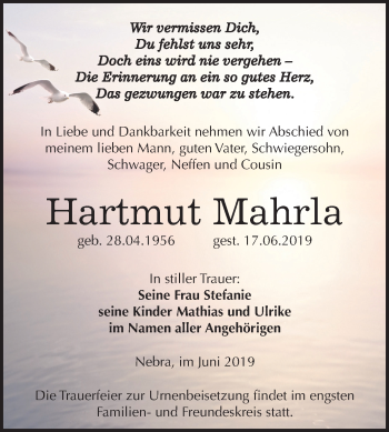 Traueranzeige von Hartmut Mahrla von Mitteldeutsche Zeitung