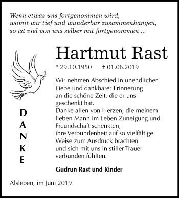 Traueranzeige von Hartmut Rast von Mitteldeutsche Zeitung Bernburg