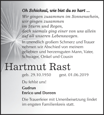 Traueranzeige von Hartmut Rast von Super Sonntag Bernburg