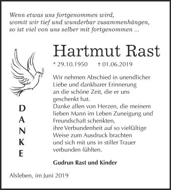 Traueranzeige von Hartmut Rast von Super Sonntag Bernburg