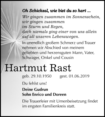 Traueranzeige von Hartmut Rast von Mitteldeutsche Zeitung Bernburg