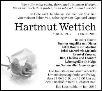 Traueranzeige von Hartmut Wettich von Mitteldeutsche Zeitung