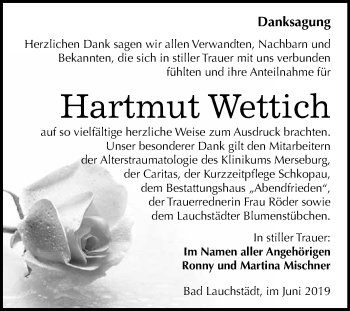 Traueranzeige von Hartmut Wettich von WVG - Wochenspiegel Merseburg