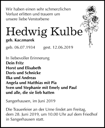 Traueranzeige von Hedwig Kulbe von Super Sonntag SGH Mansf. Land