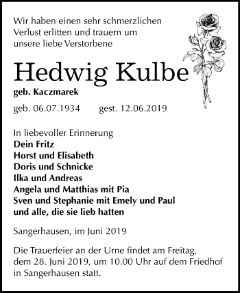 Traueranzeige von Hedwig Kulbe von Mitteldeutsche Zeitung