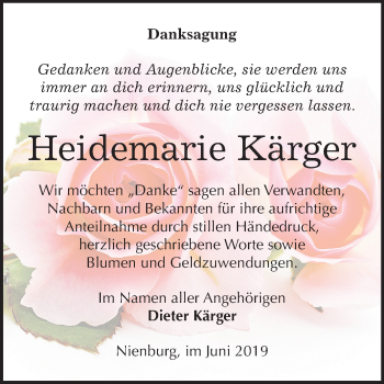 Traueranzeige von Heidemarie Kärger von Mitteldeutsche Zeitung Bernburg