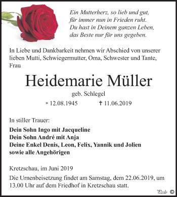 Traueranzeige von Heidemarie Müller von Mitteldeutsche Zeitung Zeitz