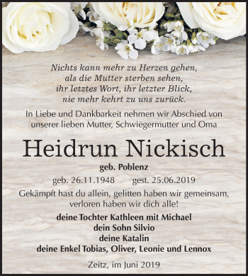 Traueranzeige von Heidrun Nickisch von Mitteldeutsche Zeitung Zeitz