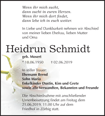Traueranzeige von Heidrun Schmidt von Mitteldeutsche Zeitung Bitterfeld