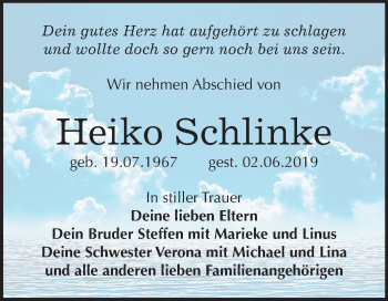 Traueranzeige von Heiko Schlinke von Mitteldeutsche Zeitung