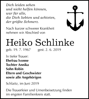 Traueranzeige von Heiko Schlinke von WVG - Wochenspiegel Bitterfeld