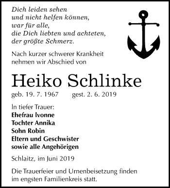 Traueranzeige von Heiko Schlinke von Mitteldeutsche Zeitung