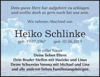Traueranzeige von Heiko Schlinke von WVG - Wochenspiegel Wittenberg