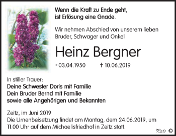 Traueranzeige von Heinz Bergner von WVG - Wochenspiegel NMB / WSF / ZTZ