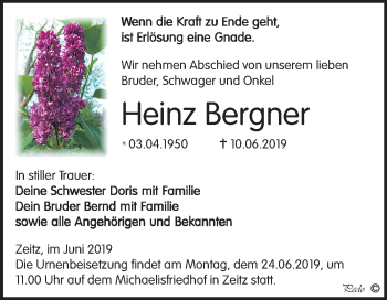 Traueranzeige von Heinz Bergner von Mitteldeutsche Zeitung Zeitz