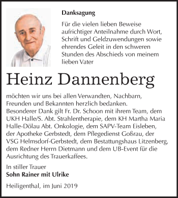 Traueranzeige von Heinz Dannenberg von Super Sonntag SGH Mansf. Land