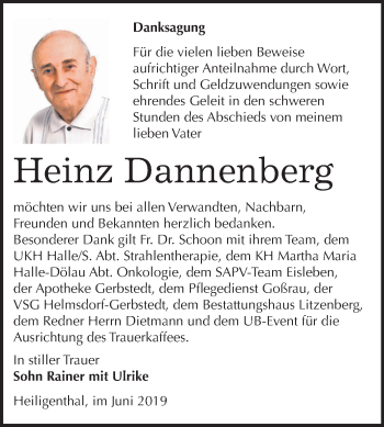Traueranzeige von Heinz Dannenberg von Mitteldeutsche Zeitung