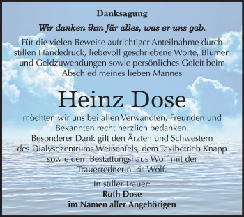 Traueranzeige von Heinz Dose von Mitteldeutsche Zeitung Weißenfels