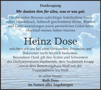 Traueranzeige von Heinz Dose von WVG - Wochenspiegel NMB / WSF / ZTZ