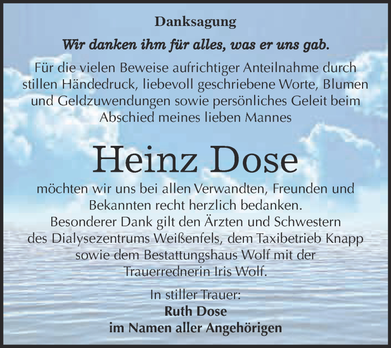  Traueranzeige für Heinz Dose vom 10.06.2019 aus WVG - Wochenspiegel NMB / WSF / ZTZ