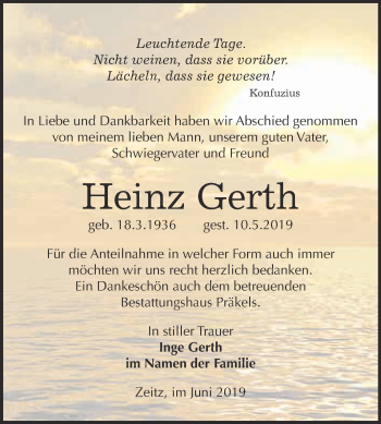 Traueranzeige von Heinz Gerth von WVG - Wochenspiegel NMB / WSF / ZTZ