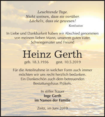 Traueranzeige von Heinz Gerth von Mitteldeutsche Zeitung Zeitz